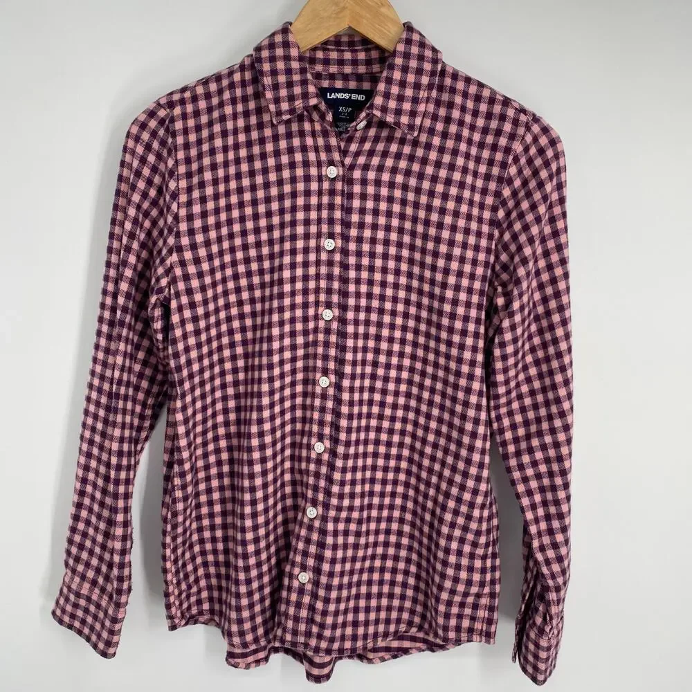 Lands‎ End Top Women’s XS Pink & Purple Gingham Plaid Flannel Fall CozyCore